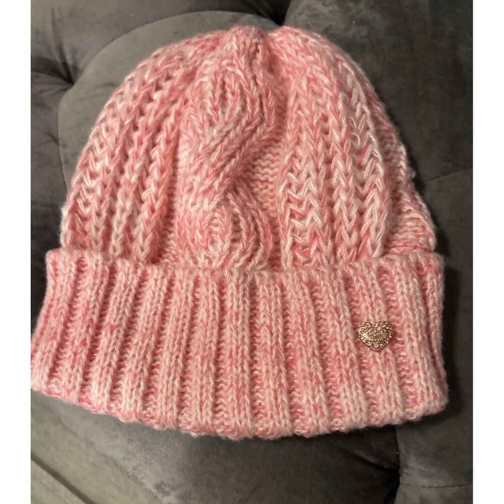 Manda Fashion Pink Cable Knit Hat One Size Beanie W/metallic Rhinestone Logo
